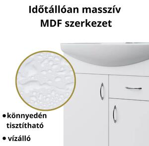 HD STANDARD 75 cm széles álló fürdőszobai mosdószekrény, fényes fehér, króm kiegészítőkkel, 2 ajtóval és 1 fiókkal, íves kerámia mosdóval