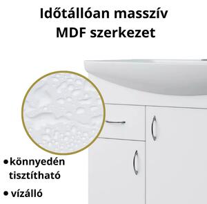 HD STANDARD 100 cm széles álló fürdőszobai mosdószekrény, fényes fehér, króm kiegészítőkkel, 3 ajtóval és 2 fiókkal, íves kerámia mosdóval