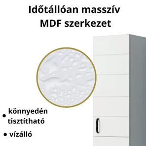 HD MART 30 cm széles polcos álló fürdőszobai magas szekrény, fényes fehér, fekete kiegészítőkkel, 2 soft close ajtóval és 2 fiókkal