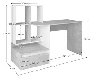 Számítógépasztal, beton/fehér, NEREO NEW