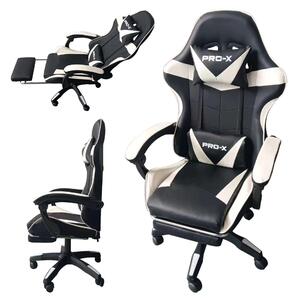 PRO-X COMFORT Gamer szék masszírozó funkcióval és lábtartóval - fekete-fehér