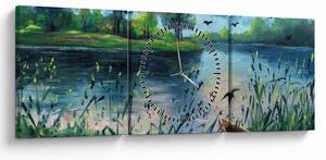 Kép - olajfestmény, Nyári este a tónál (órával) (90x30 cm)