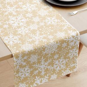 Goldea karácsonyi pamut asztali futó - hópihék aranyszínű alapon 35x140 cm