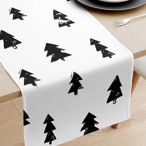 Goldea karácsonyi pamut asztali futó - fekete karácsonyfák fehér alapon 35x120 cm