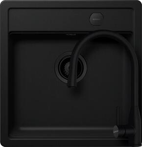 Schock Mono N-100S konyhai mosogatótálca 490 x 510 mm Cristadur Puro, intenzív fekete és Schock Kavus konyhai csaptelep kihúzható fejjel és szűrőkosár, távműködtető gomb, túlfolyó takaró Puro