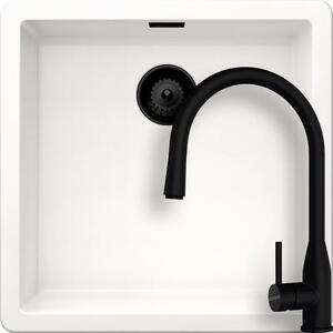 Schock Greenwich N-100 konyhai mosogatótálca 456 x 456 mm Cristadur Polaris, hófehér és Schock Kavus konyhai csaptelep kihúzható fejjel és szűrőkosár, túlfolyó takaró Puro