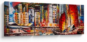 Kép - Victoria Harbour, Hong Kong, olajfestmény (órával) (90x30 cm)