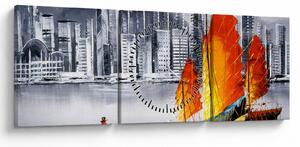 Festmény - Victoria Harbour, Hong Kong, fekete-fehér olajfestmény (órával) (90x30 cm)