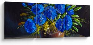 Kék virágok képe egy vázában (órával) (90x30 cm)