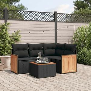 VidaXL 5 részes fekete polyrattan kerti kanapészett párnákkal