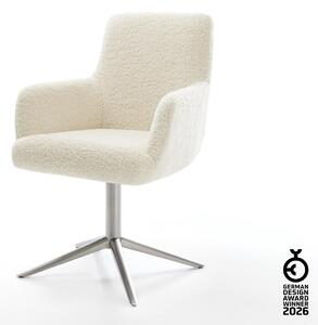 DELIFE Étkezőszék Heira-Flex karfás teddy szövet bézs rozsdamentes acél kereszt láb 360° forgatható billenő zsákrugós