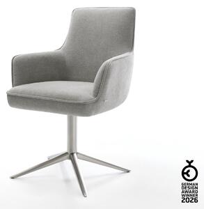 DELIFE Étkezőszék Heira-Flex karfás strukturált szövet puha szürke rozsdamentes acél kereszt láb 360° forgatható hintamechanizmus zsákrugós matrac