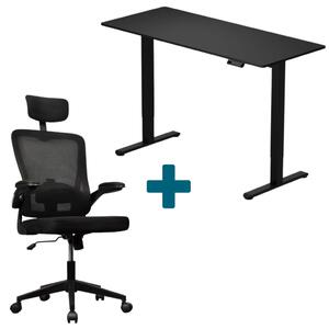 LVN System Lite elektromos asztal + forgószék szett | Fekete 140x60cm elektromosan állítható magasságú íróasztal + fekete forgószék