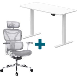 LVN System Control+ elektromos asztal + Control Pro forgószék szett | Fehér 120x60cm elektromosan állítható magasságú íróasztal + világosszürke forgószék