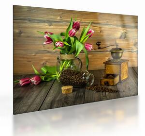 Tulipánok, daráló és kávé képe (üvegen) (70x50 cm)