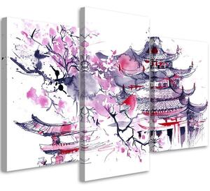 Gario Vászonkép Festett japán pagoda és cseresznyevirág - 3 részes Méret: 60 x 40 cm