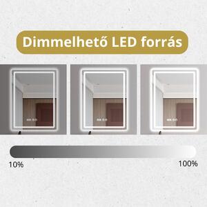 HD Adria 60 cm széles fali szögletes LED okostükör ambient világítással, érintőkapcsolóval, digitális órával és páramentesítő funkcióval