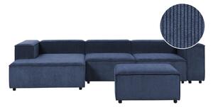 Kombinálható háromszemélyes jobb oldali kék kordbársony kanapé ottománnal APRICA