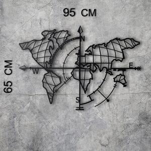 World Map Compass Led - Black Fali fém dekoráció 65x95 Fekete