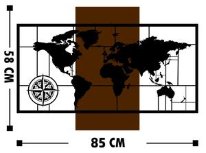 World Map With Compass Fa fali dekoráció 85x58 Dió-Fekete