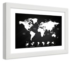 Poszter Kontrasztos világtérkép és kontinensek A keret színe: Fehér, Méretek: 45 x 30 cm