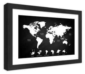 Gario Poszter Kontrasztos világtérkép és kontinensek A keret színe: Fekete, Méret: 30 x 20 cm