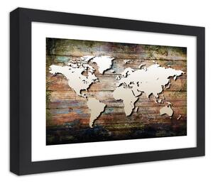 Gario Poszter Világtérkép régi deszkákon A keret színe: Fekete, Méret: 30 x 20 cm