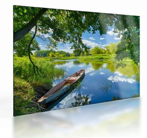 Egy nyári folyó képe hajóval (üvegen) (70x50 cm)