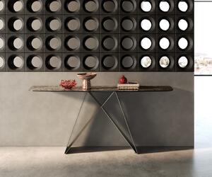 DELIFE Konzolasztal Edge hajóformájú 180x40 cm kerámia emperador extra polírozott sötétbarna Velio fém titán színű effekt finish