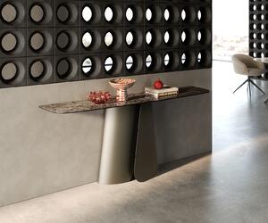 DELIFE Konzolasztal Edge hajóformájú 180x40 cm kerámia emperador extra polírozott sötétbarna Livos fém titán színű effekt finish