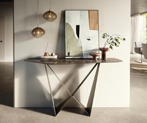 DELIFE Konzolasztal Edge poligonális 140x50 cm kerámia emperador extra lucido sötétbarna Spios fém effektfinish titán