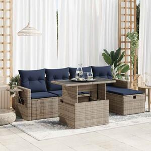 6 részes szürke polyrattan akácfa kerti ülőgarnitúra párnával
