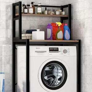 Elite Home® 2 szintes, masszív fém fürdőszobai polc mosógép fölé fa polcokkal, fekete - 152 cm