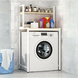 Elite Home® 2 szintes, masszív fém fürdőszobai polc mosógép fölé fa polcokkal, fehér - 152 cm