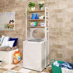 Elite Home® 3 szintes, fém fürdőszobai polc felültöltős mosógép fölé fa polcokkal, fehér - 182 cm