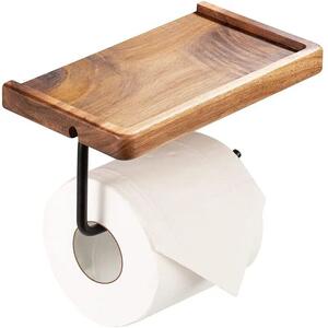 Elite Home® Függőleges WC papír tartó telefontartóval, bambusz + acél, matt fekete