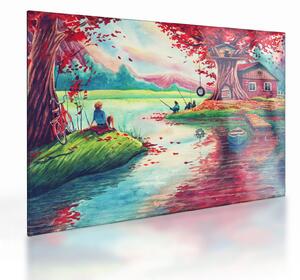 Kép - akvarell, Öböl egy hegyi faluban (üvegen) (70x50 cm)