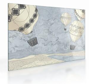 Kép - léggömbök a város felett, hűvös tónusok (üvegen) (70x50 cm)