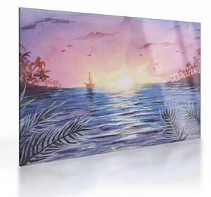 Kép - naplemente a víz felett, akvarell (üvegen) (70x50 cm)