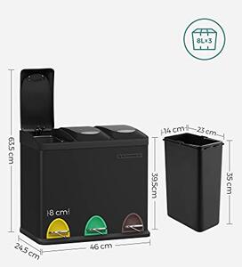 Szelektív konyhai hulladékgyűjtő, pedálos fedéllel, 3 x 8 literes vödörrel, acél, fekete