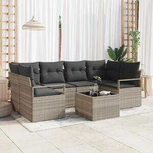7 részes kerti kanapészett párnákkal világosszürke poli rattan, 2 üléses kerti kanapé párnákkal szürke poli rattan