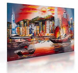Kép - Victoria Harbour, Hong Kong, olajfestmény (üvegen) (70x50 cm)