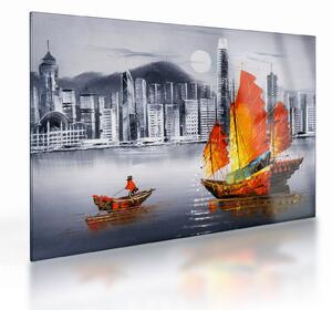 Festmény - Victoria Harbour, Hong Kong, fekete-fehér olajfestmény (üvegen) (70x50 cm)