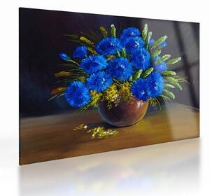 Kék virágok képe egy vázában (üvegen) (70x50 cm)