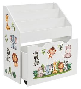 Gyermek könyvespolc 3 rekesszel és kihúzható fiókkal a játékok számára