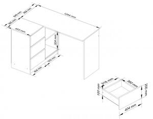Sarok íróasztal, balos, 124 cm - 77 cm - 85 cm | Fehér matt - Grafit |fekete| fényes