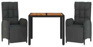 3 részes fekete polyrattan kerti étkezőgarnitúra párnákkal