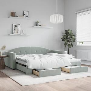 Világosszürke kihúzható bársony heverő fiókkal 100 x 200 cm