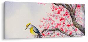Kép - Madár egy fán, piros virágokkal (120x50 cm)