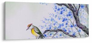 Kép - Madár egy fán kék virágokkal (120x50 cm)